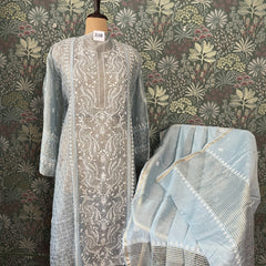 Blue Mulchanderi Tissue Semistitched Chikankari Suit Set with Pearl and Sequin work