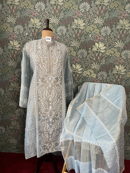 Blue Mulchanderi Tissue Semistitched Chikankari Suit Set with Pearl and Sequin work