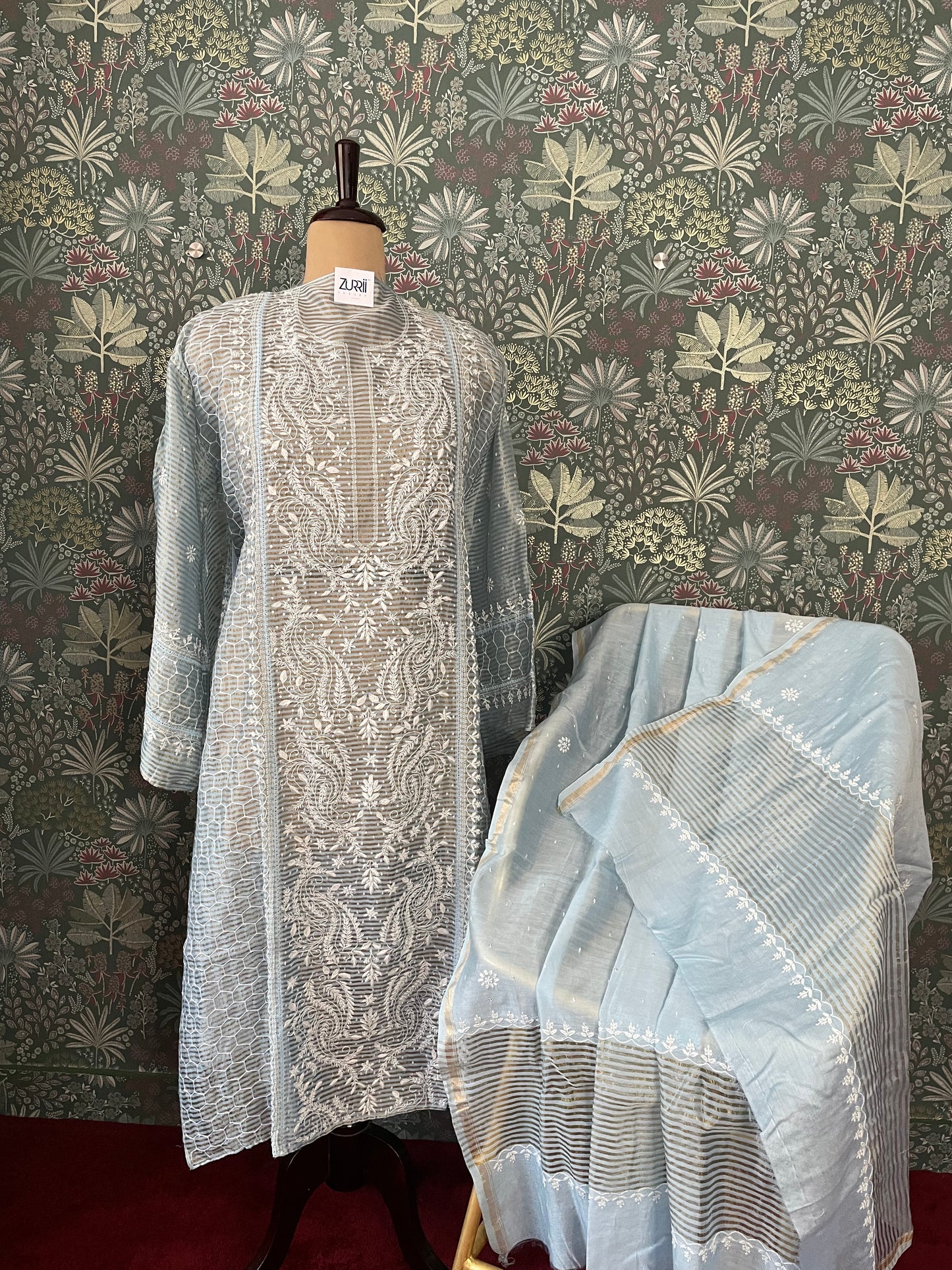 Blue Mulchanderi TissueChikankari Suit Set with Pearl and Sequin work