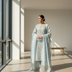 A Mulchanderi tissue suit set displayed on a mannequin, featuring a light blue color with intricate white embroidery.