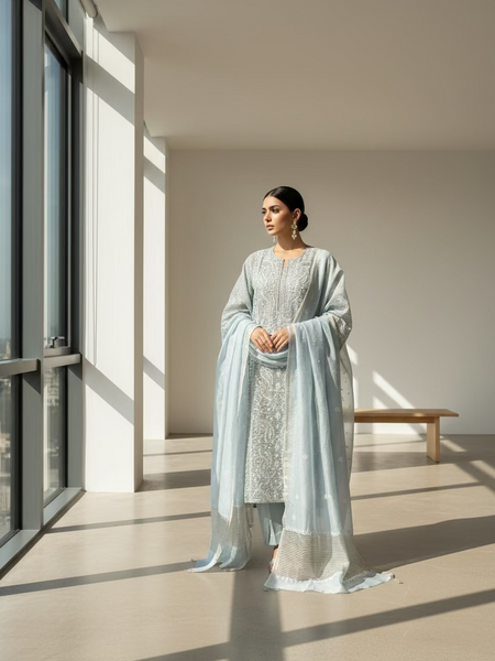 A Mulchanderi tissue suit set displayed on a mannequin, featuring a light blue color with intricate white embroidery.