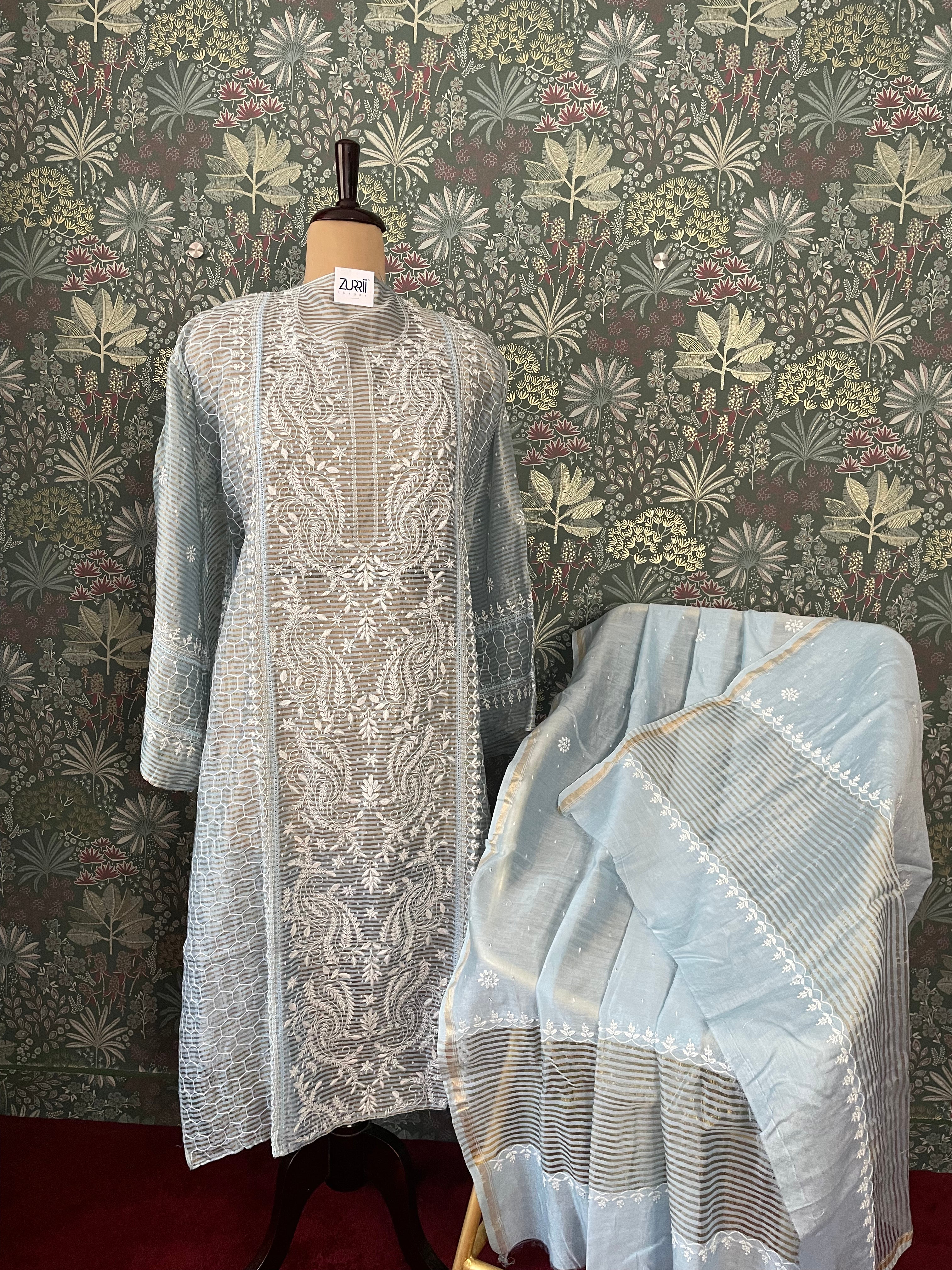Blue Mulchanderi Tissue Suit Set