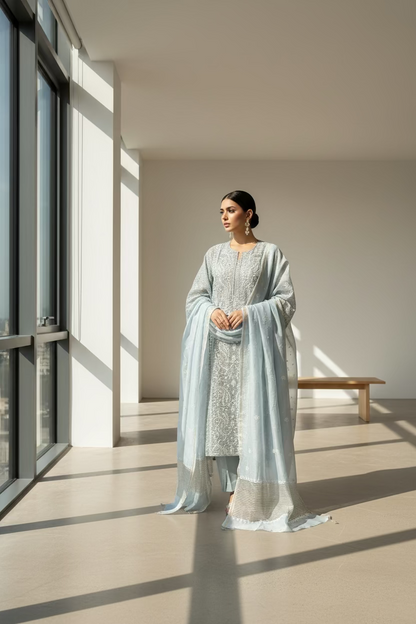 A Mulchanderi tissue suit set displayed on a mannequin, featuring a light blue color with intricate white embroidery.