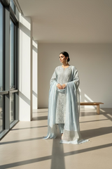 Blue Mulchanderi Tissue Semistitched Chikankari Suit Set with Pearl and Sequin work