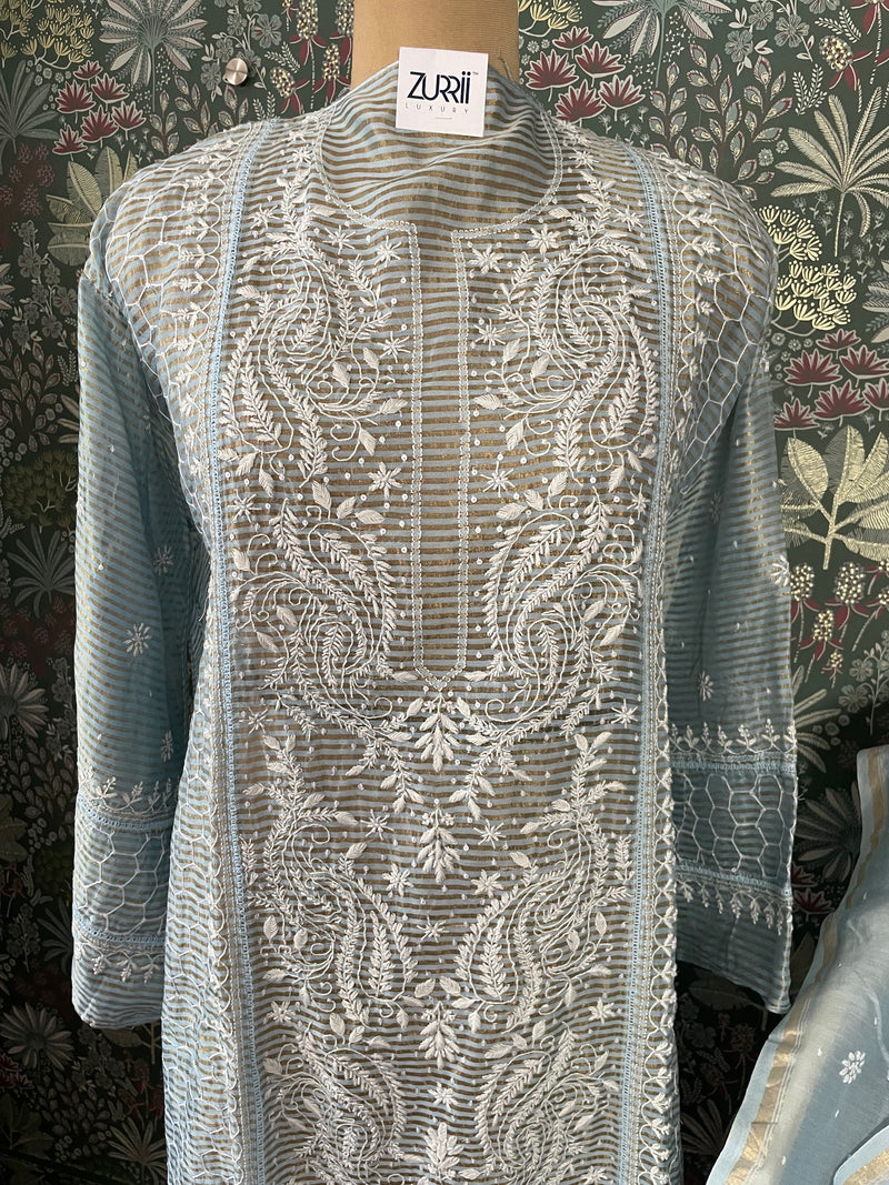 Blue Mulchanderi Tissue Semistitched Chikankari Suit Set with Pearl and Sequin work
