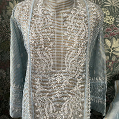 Blue Mulchanderi Tissue Semistitched Chikankari Suit Set with Pearl and Sequin work