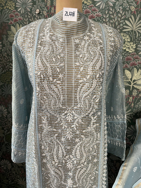 Blue Mulchanderi Tissue Semistitched Chikankari Suit Set with Pearl and Sequin work