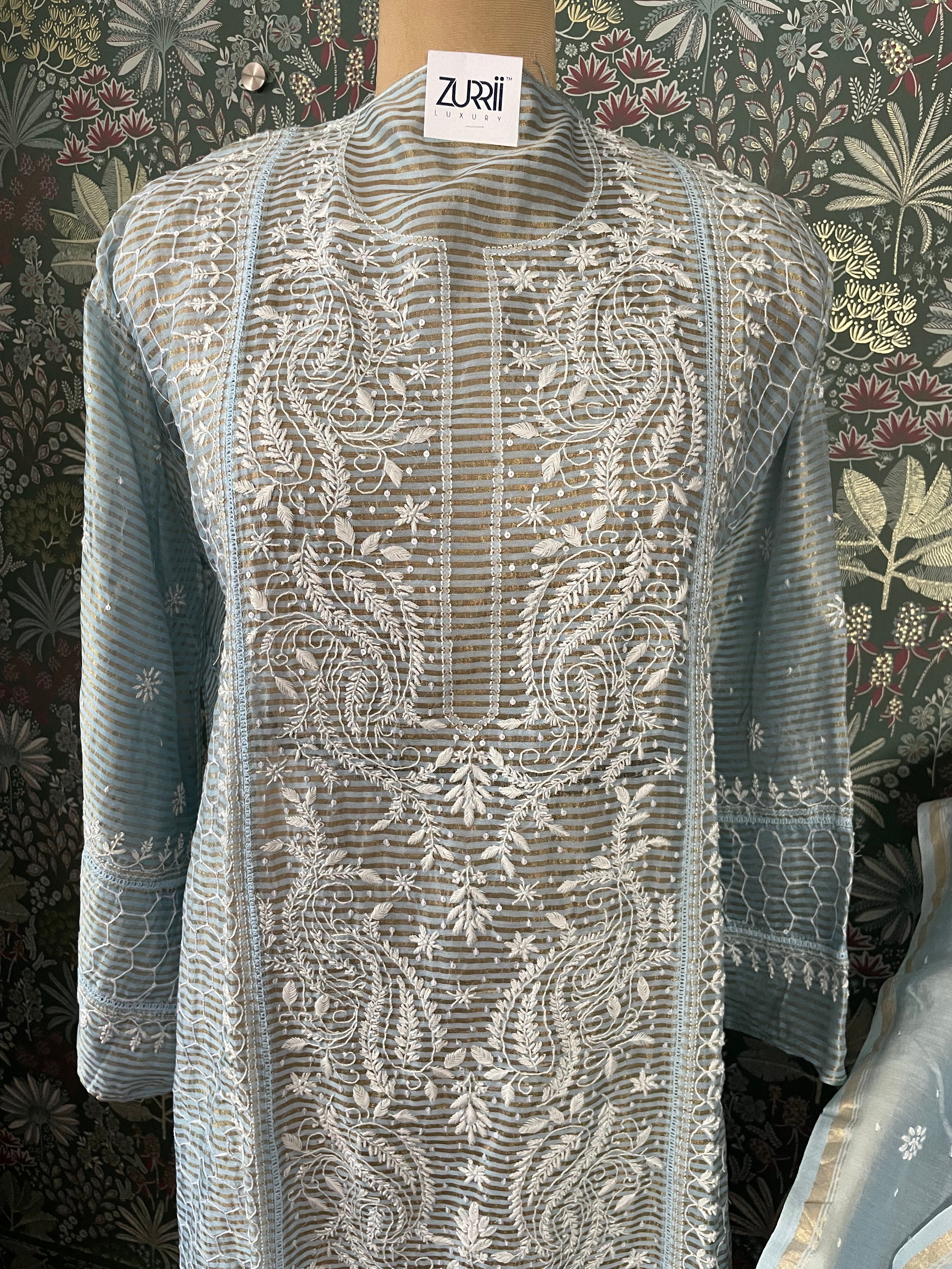 Blue Mulchanderi Tissue Suit Set