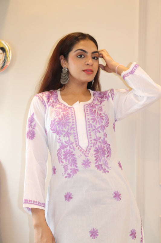 White Chikankari Long Kurta With Purple Embroidery.