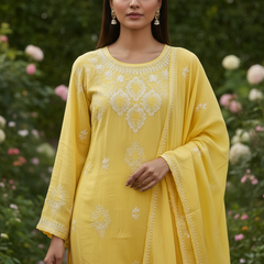Pantone Yellow Balloon Pure Cotton Semistitched Suit Set