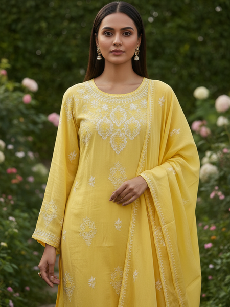 Pantone Yellow Balloon Pure Cotton Semistitched Suit Set