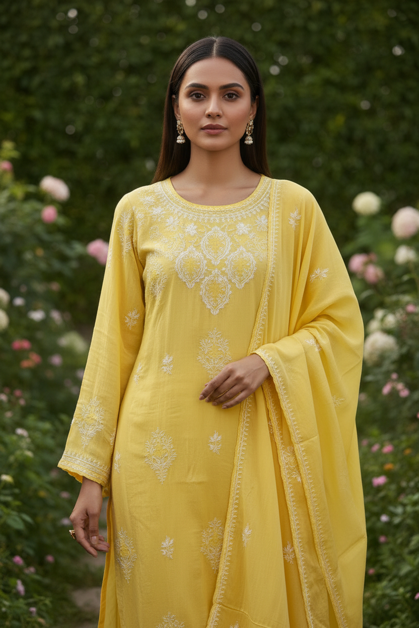 Pantone Yellow Balloon Pure Cotton Semistitched Suit Set