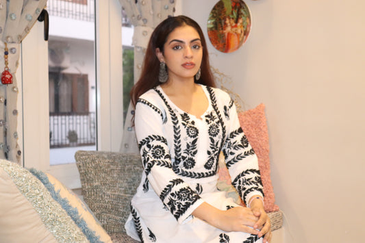 White Modal Long Kurti With Black Embroidery.