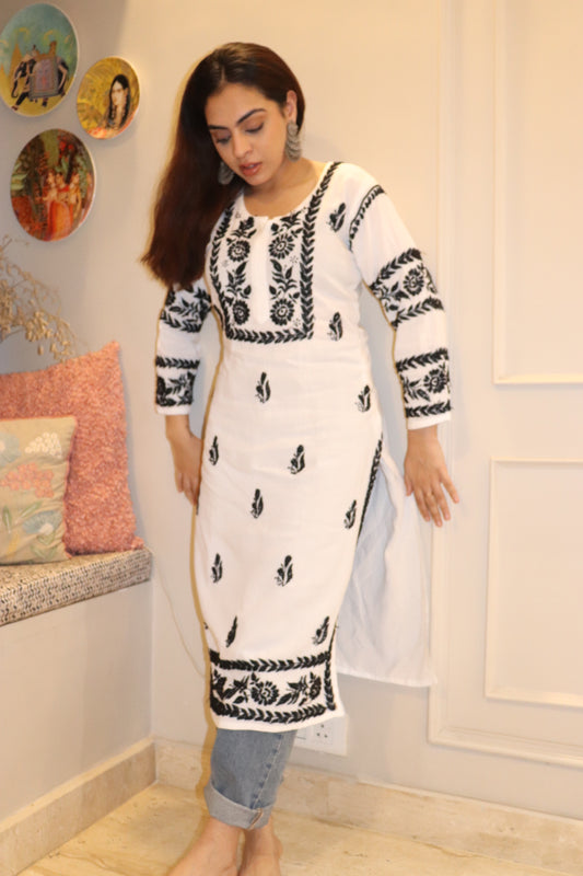 White Modal Long Kurti With Black Embroidery.