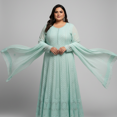 Pantone Aruba Blue Semistitched Anarkali Suit Set