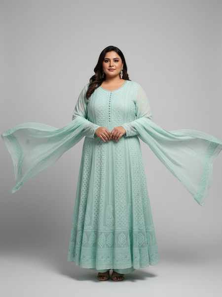 Pantone Aruba Blue Semistitched Anarkali Suit Set