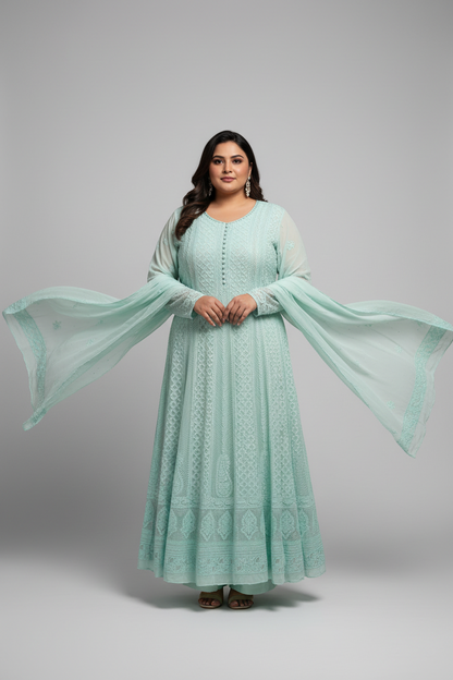 Pantone Aruba Blue Semistitched Anarkali Suit Set