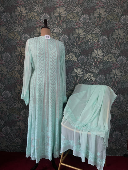 Pantone Aruba Blue Semistitched Anarkali Suit Set