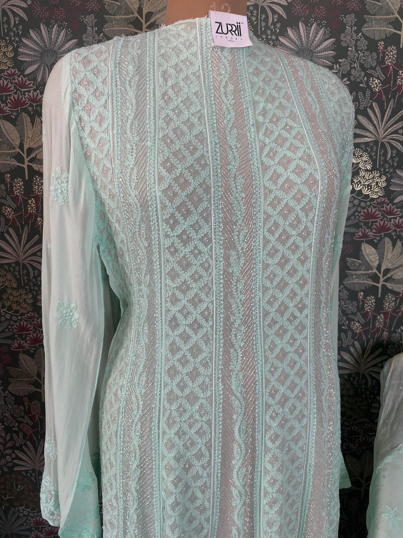 Pantone Aruba Blue Semistitched Anarkali Suit Set