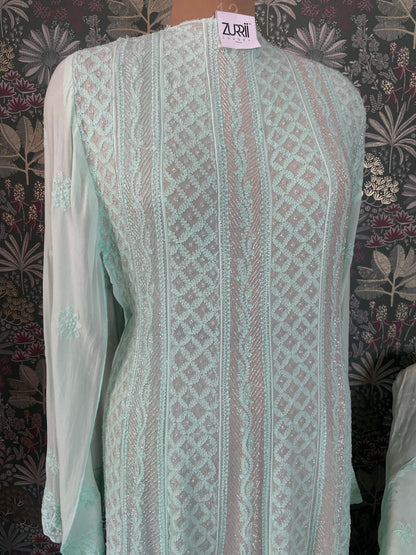 Pantone Aruba Blue Semistitched Anarkali Suit Set