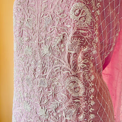 Pink Organza Chikankari Unstitched Suit