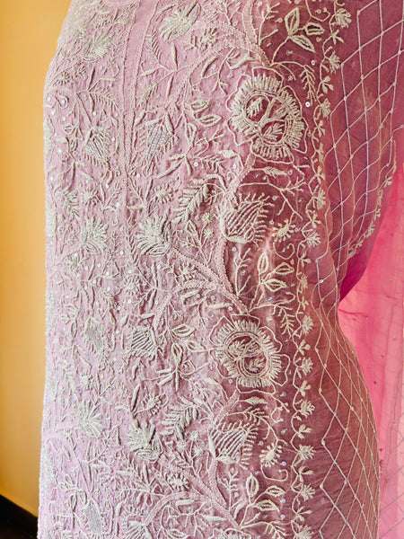 Pink Organza Chikankari Unstitched Suit