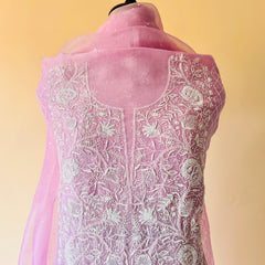 Pink Organza Chikankari Unstitched Suit