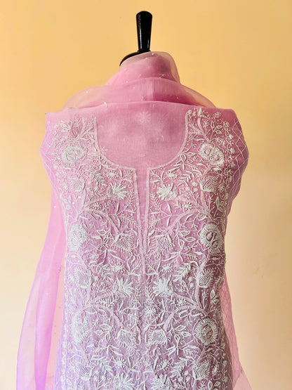 Pink Organza Chikankari Unstitched Suit