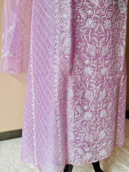 Pink Organza Chikankari Unstitched Suit