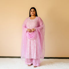 A pink organza unstitched suit with sequin and chikankari work 