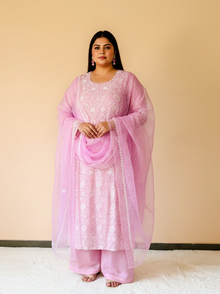 A pink organza unstitched suit with sequin and chikankari work 