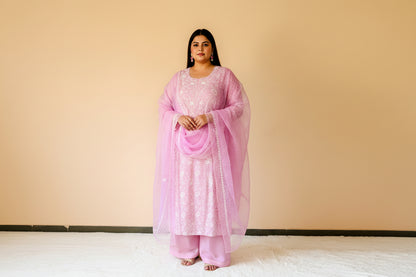 A pink organza unstitched suit with sequin and chikankari work 