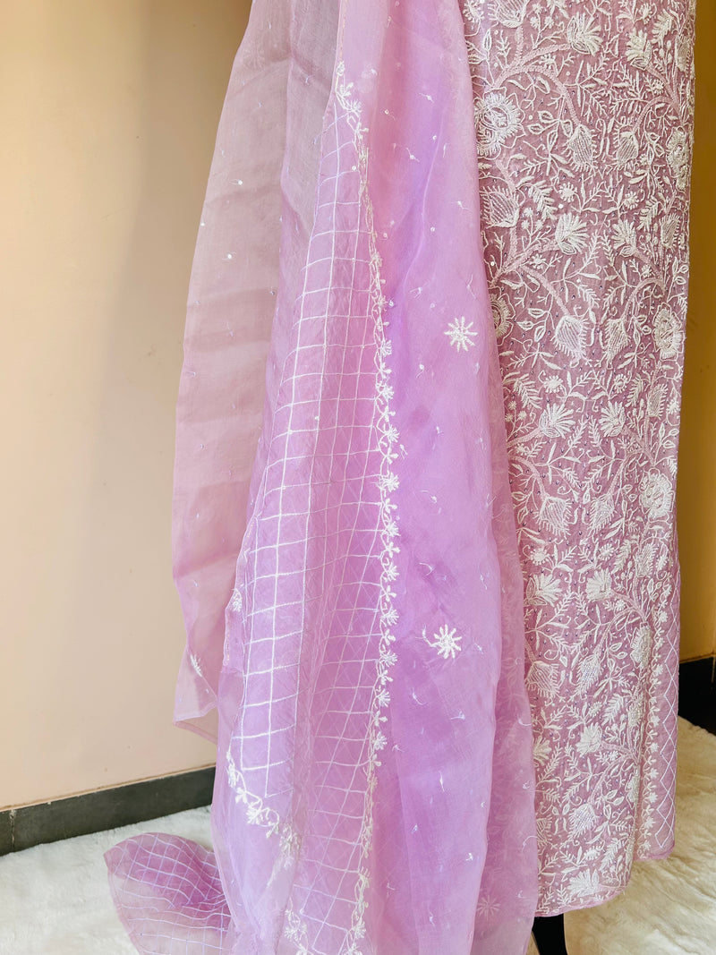 Pink Organza Chikankari Unstitched Suit