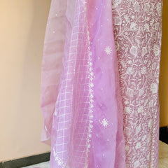 Pink Organza Chikankari Unstitched Suit