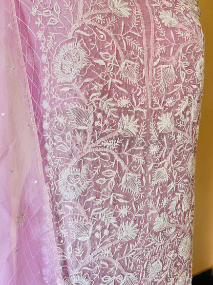 Pink Organza Chikankari Unstitched Suit