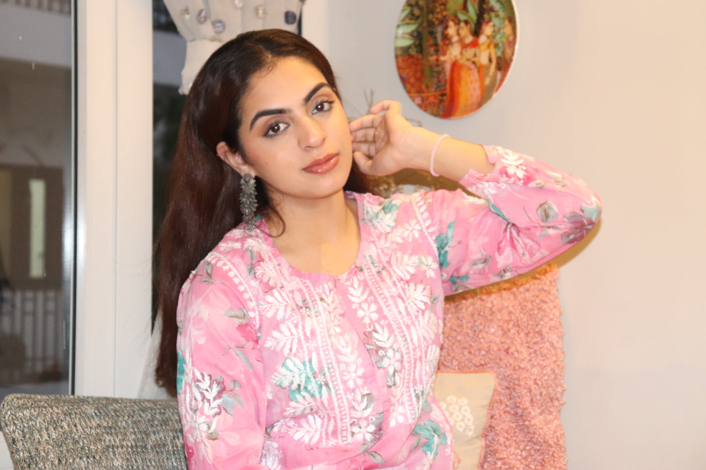 Pink Mulmul Pocket Kurti With White  Embroidery.