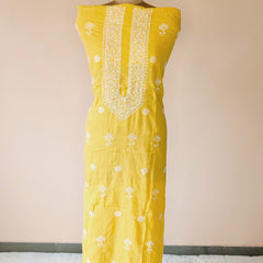 Yellow Chikankari Kota Unstitched Kurta with Pearl Work