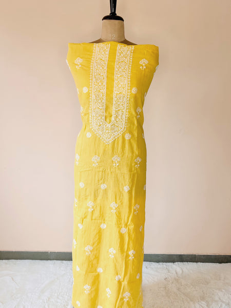 Yellow Chikankari Kota Unstitched Kurta with Pearl Work
