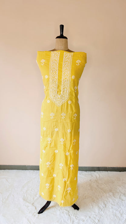Yellow Chikankari Kota Unstitched Kurta with Pearl Work