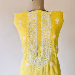 Yellow Chikankari Kota Unstitched Kurta with Pearl Work