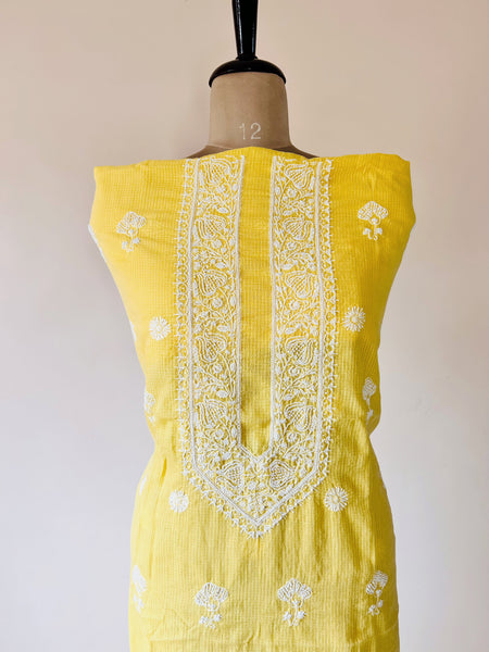 Yellow Chikankari Kota Unstitched Kurta with Pearl Work