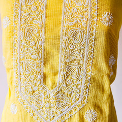 Yellow Chikankari Kota Unstitched Kurta with Pearl Work