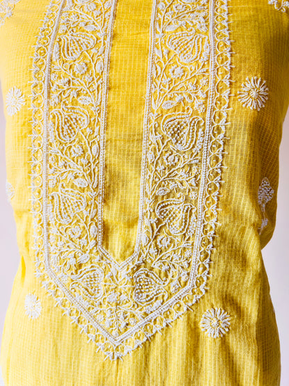 Yellow Chikankari Kota Unstitched Kurta with Pearl Work