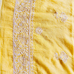 Yellow Chikankari Kota Unstitched Kurta with Pearl Work