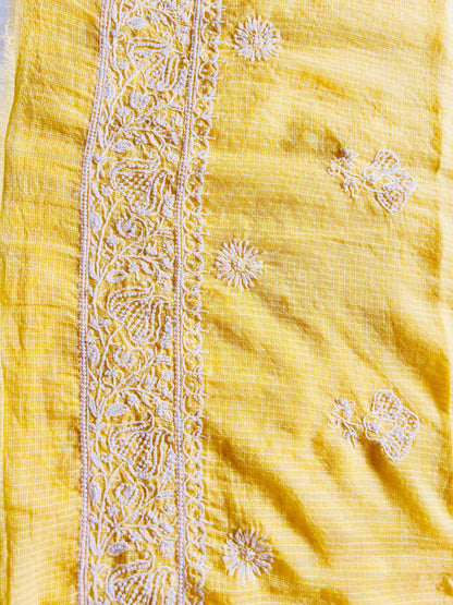 Yellow Chikankari Kota Unstitched Kurta with Pearl Work