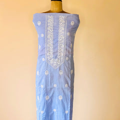 A blue Kota unstitched kurta with pearl and chikankari work of zurrii displayed on a mannequin.
