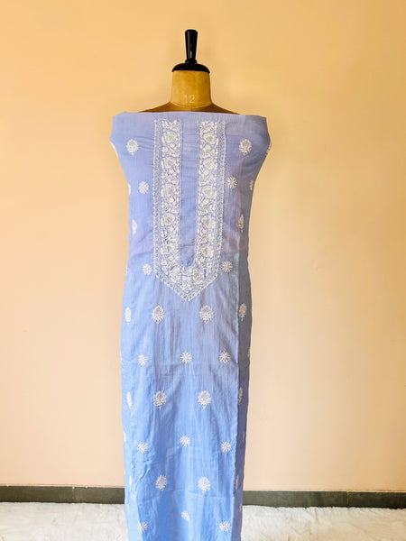 A blue Kota unstitched kurta with pearl and chikankari work of zurrii displayed on a mannequin.