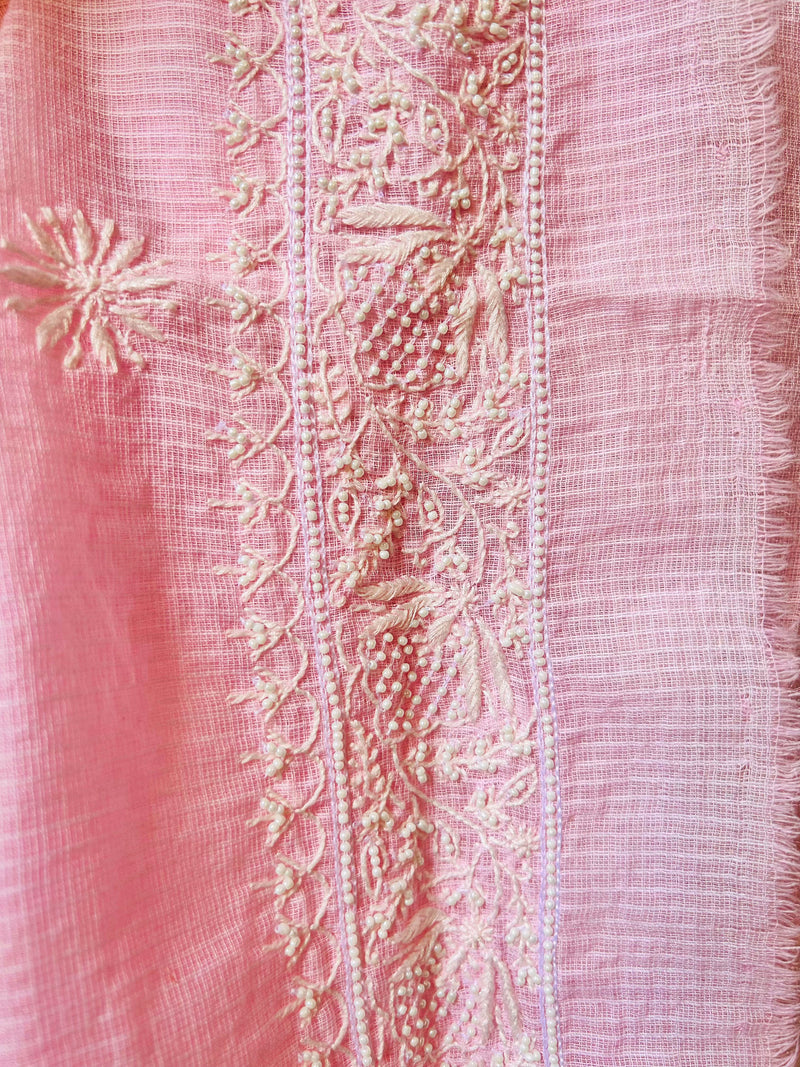 Pink Kota Chikankari Unstitched Kurta with Pearl Work