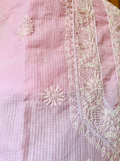 Pink Kota Chikankari Unstitched Kurta with Pearl Work