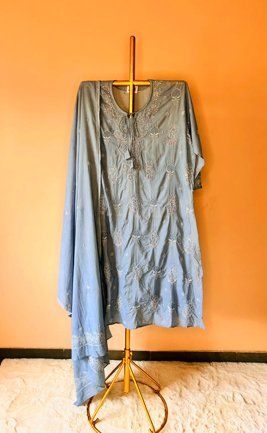 Pure Cotton Grey Set With Swarovski Chikankari Work